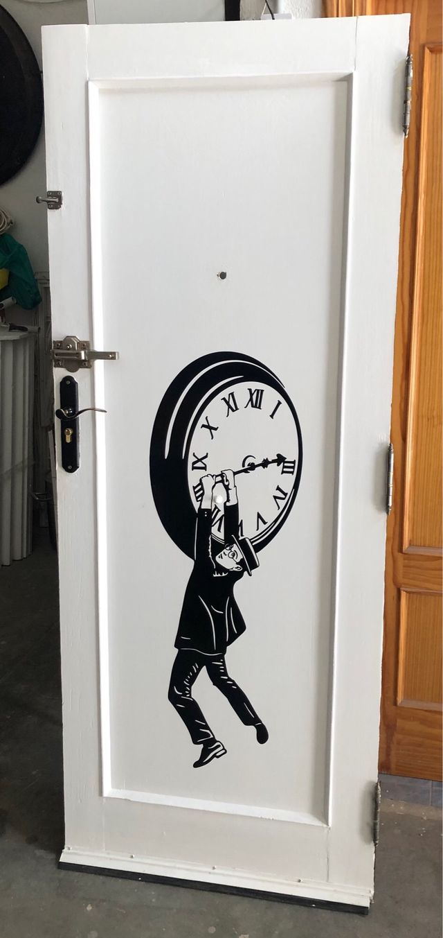 Puerta madera vintage con diseño reloj 195,5x77x4