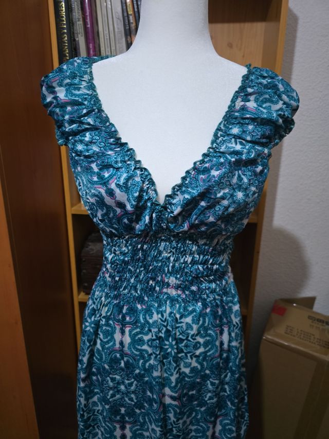 Abito lungo blu/verde e bianco