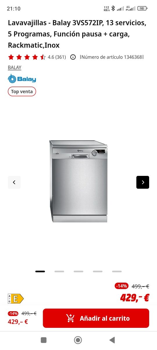 Lavavajillas Balay 3VS572IP - 13 servicios