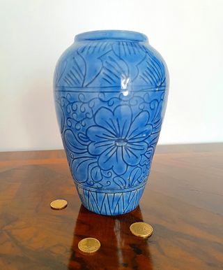 Vaso fiori blu ceramica anni '70