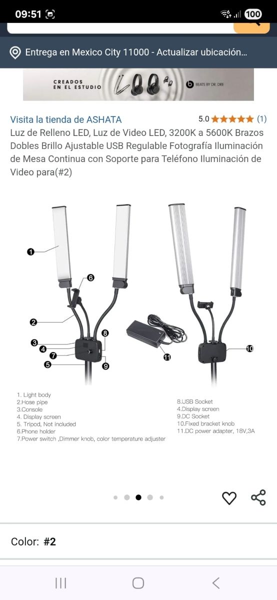 Luz LED relleno, brazos flexibles