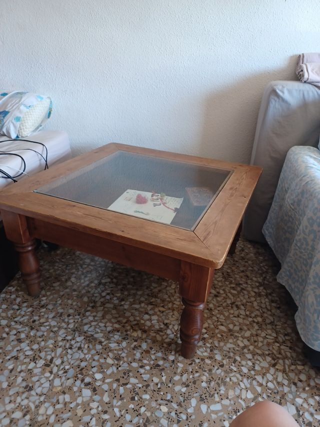 Mesa centro madera - cristal con puerta abatible 