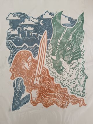 Estampa Grabado Linóleo - Guerrera contra Dragón