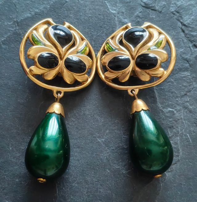 Pendientes colgantes Leritz vintage dorados verdes
