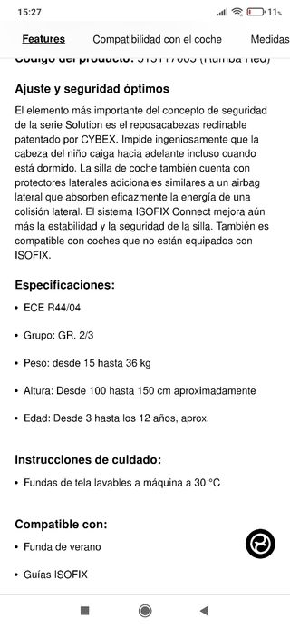 Silla coche grupo 2/3  Cybex Solution X-Fix