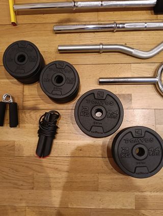 Equipo musculación: barra, discos, mancuernas...