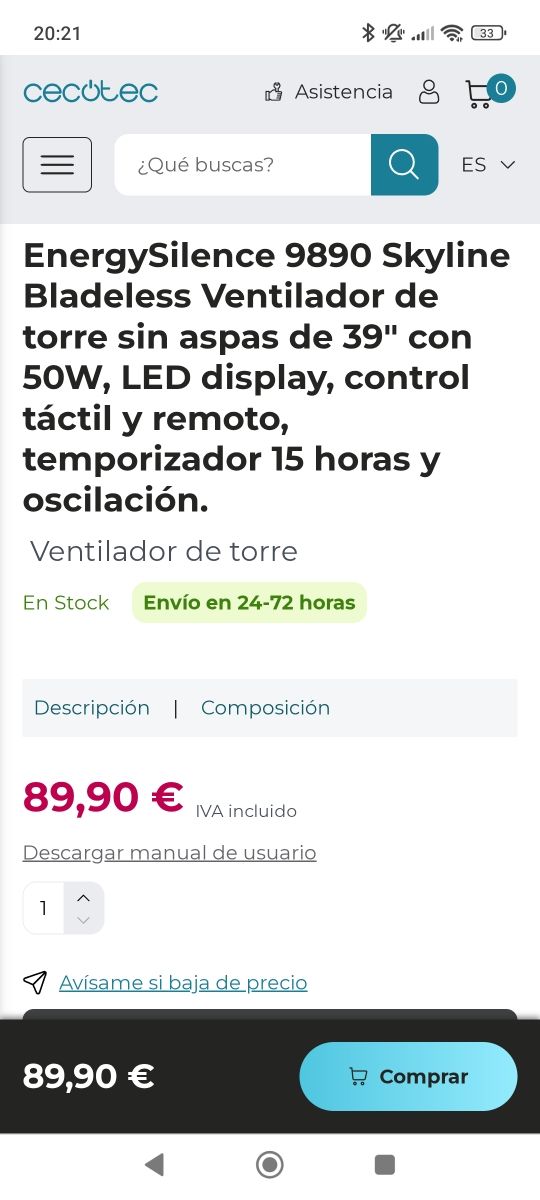 Cecotec Ventilador - silencioso, control remoto