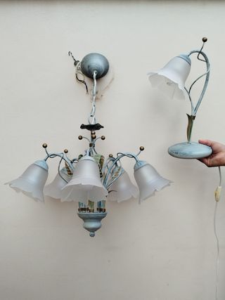 Lámpara techo y mesita , 5 luces, tono azul,blanco