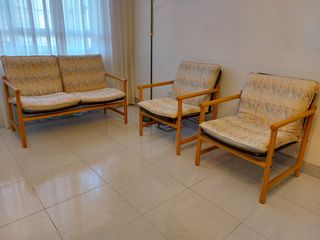 Sofá + 2 sillones terraza - Madera y tela beige
