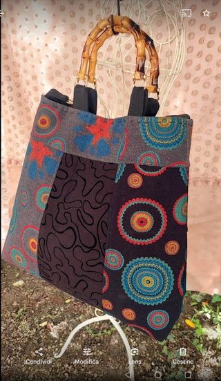 Borsa patchwork manici bamboo. Pezzo unico