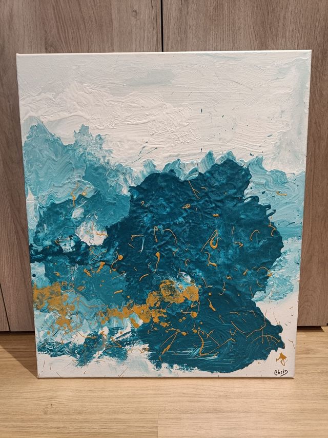 Cuadro abstracto teal y dorado