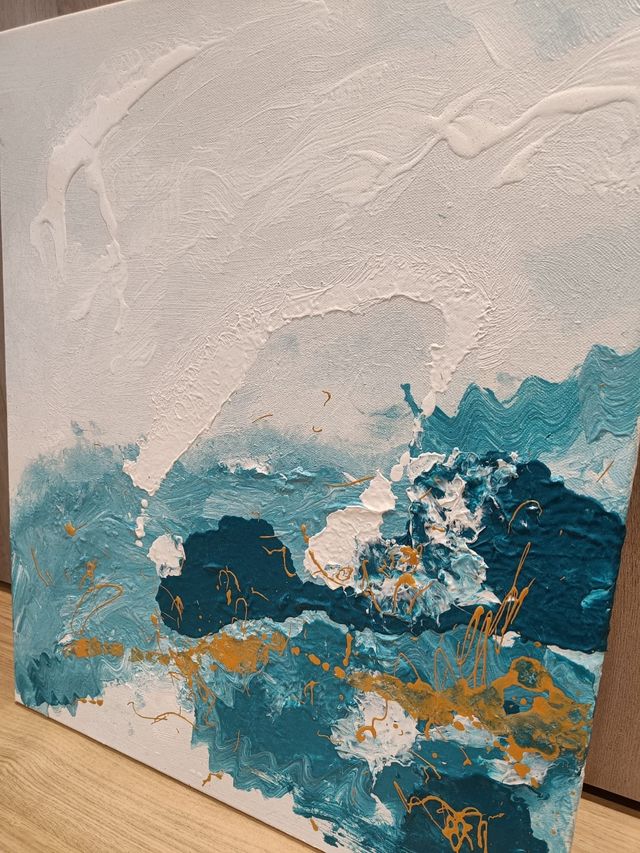 Cuadro abstracto teal y dorado