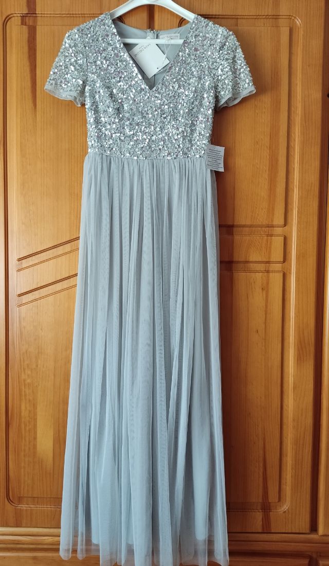 Vestido ASOS fiesta, plata, talla S