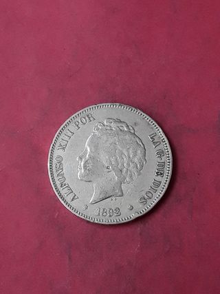 5 PESETAS 1892 PLATA. ALFONSO XIII.