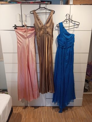 3 Vestidos fiesta (S): azul, marrón, rosa