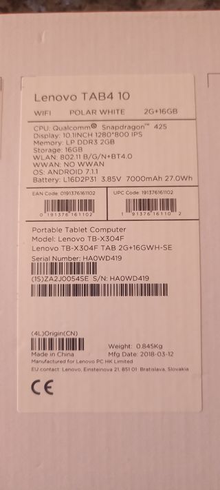 Tablet Lenovo TAB4 10 blanca