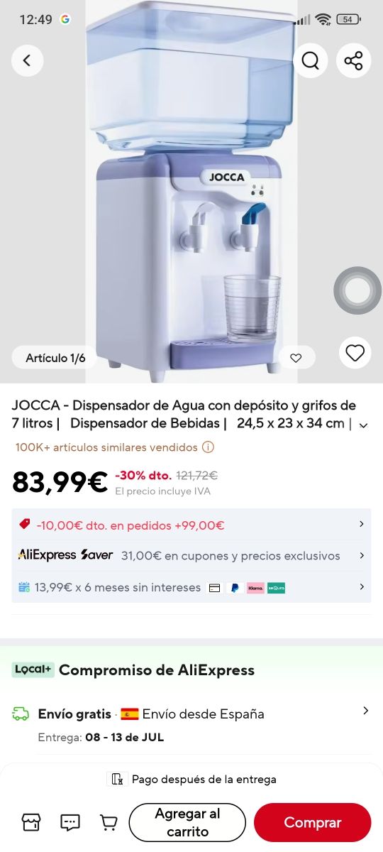Dispensador agua fría Jocca 7L