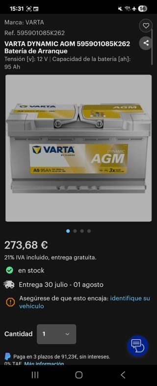 Batería VARTA Start-Stop Dynamic AGM 95Ah 850A.
