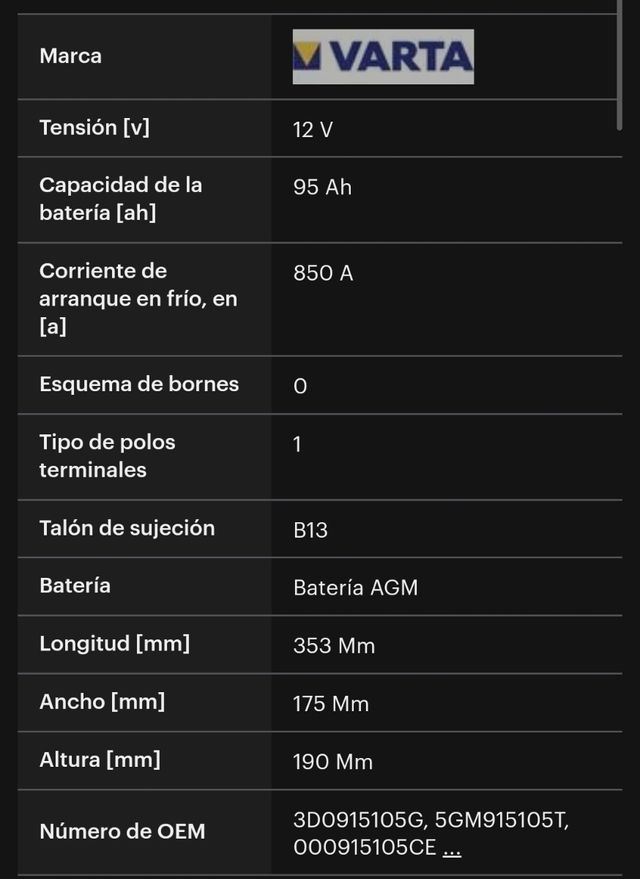 Batería VARTA Start-Stop Dynamic AGM 95Ah 850A.
