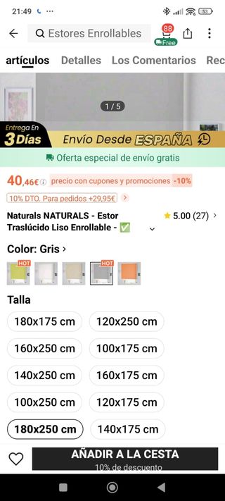 Cortina Gris - Estor sin usar