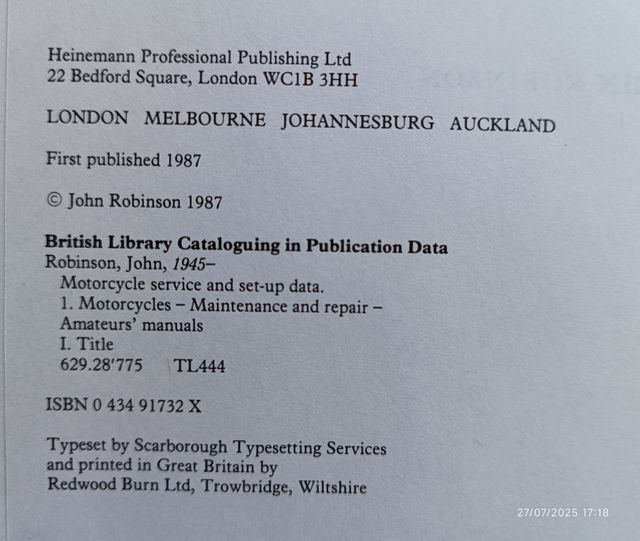 Motor Cycle Service and Set-up Data