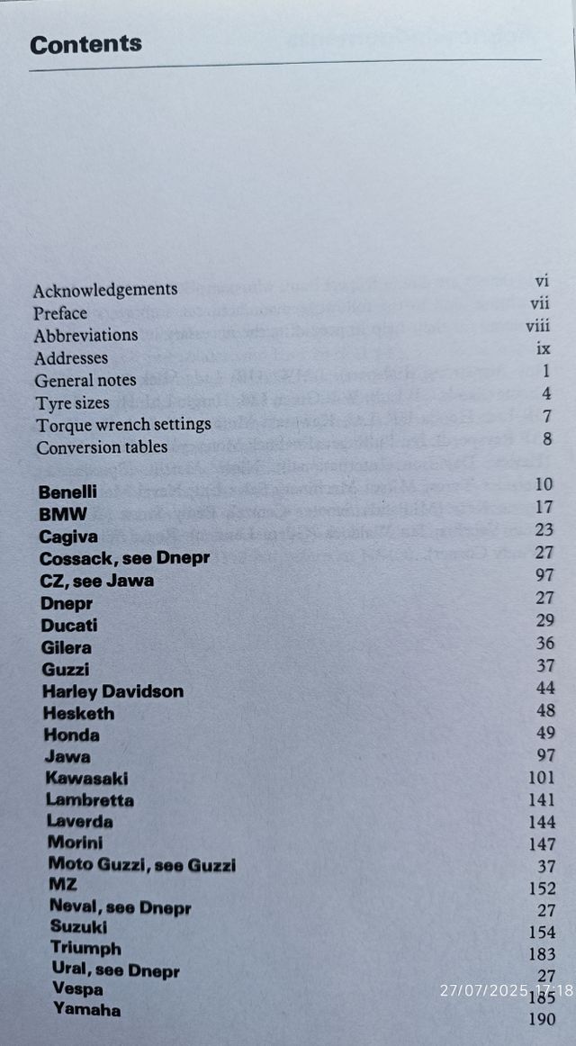 Motor Cycle Service and Set-up Data