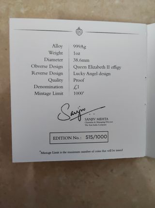 Moneda Angel: Onza plata Edicion
Limitada