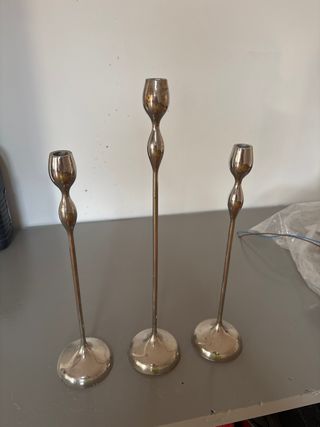Juego 3 candelabros metal plata