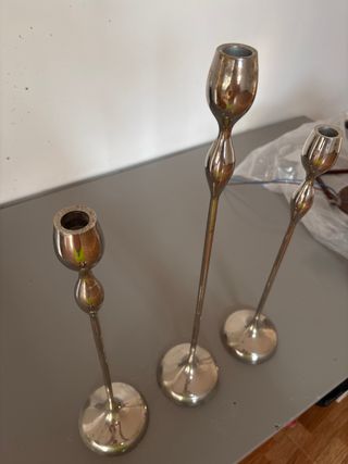 Juego 3 candelabros metal plata