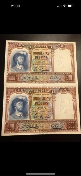 Pareja correlativa billetes  500 Ptas 1931 Elcano