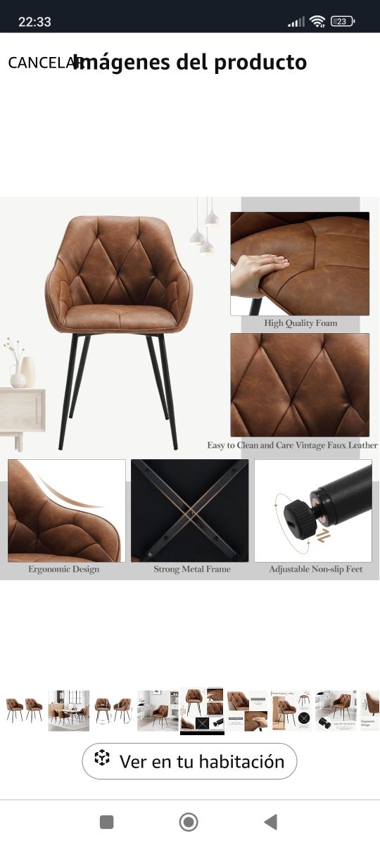 ✅ Silla Comedor salon Marrón cuero nueva