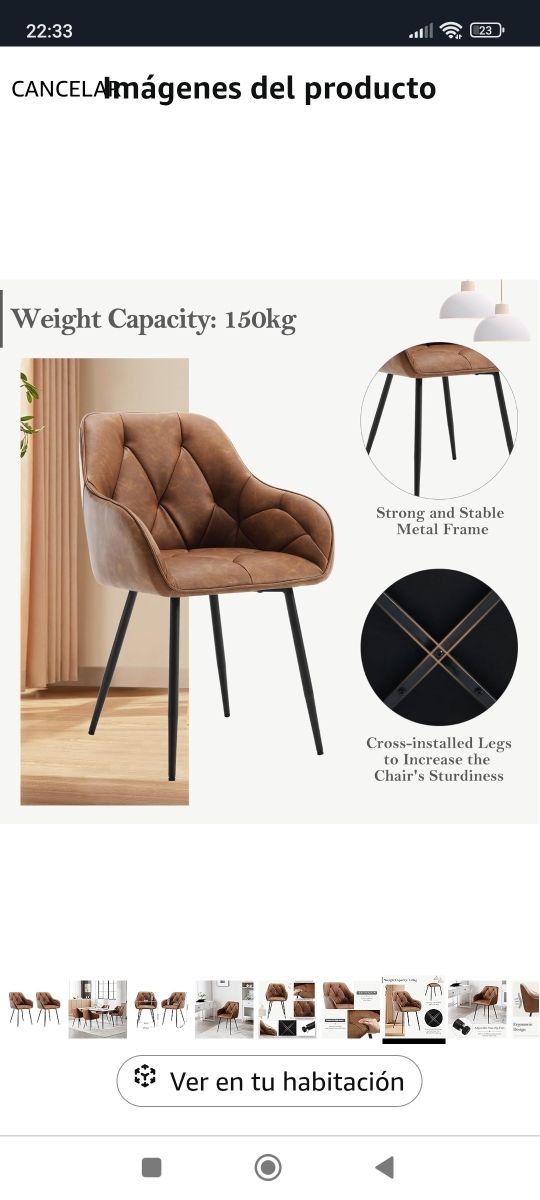 ✅ Silla Comedor salon Marrón cuero nueva