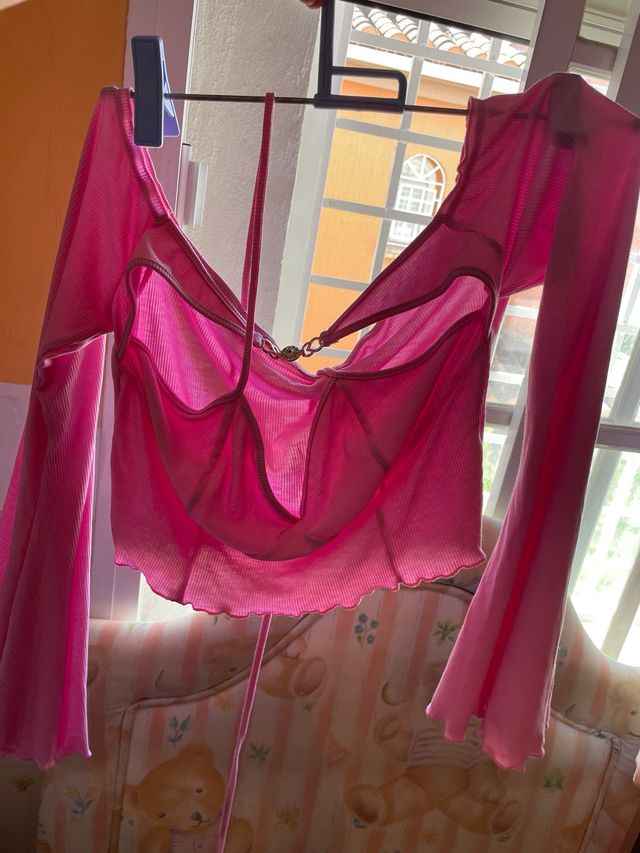 Top rosa corto manga larga