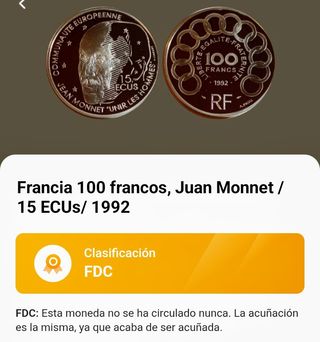 Moneda Francia 100 Francos/15 ecus, 1992 Proof