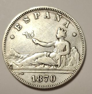 2 Pesetas España 1870 - Moneda plata.
