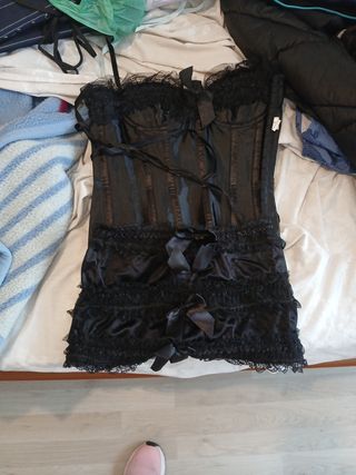 Corsé negro sexy con lazos, falda lencería regalo