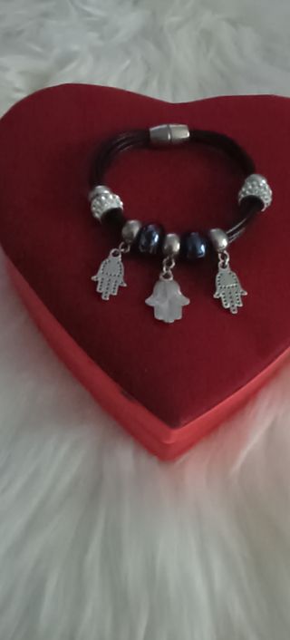 Pulsera negra plata - Hamsa