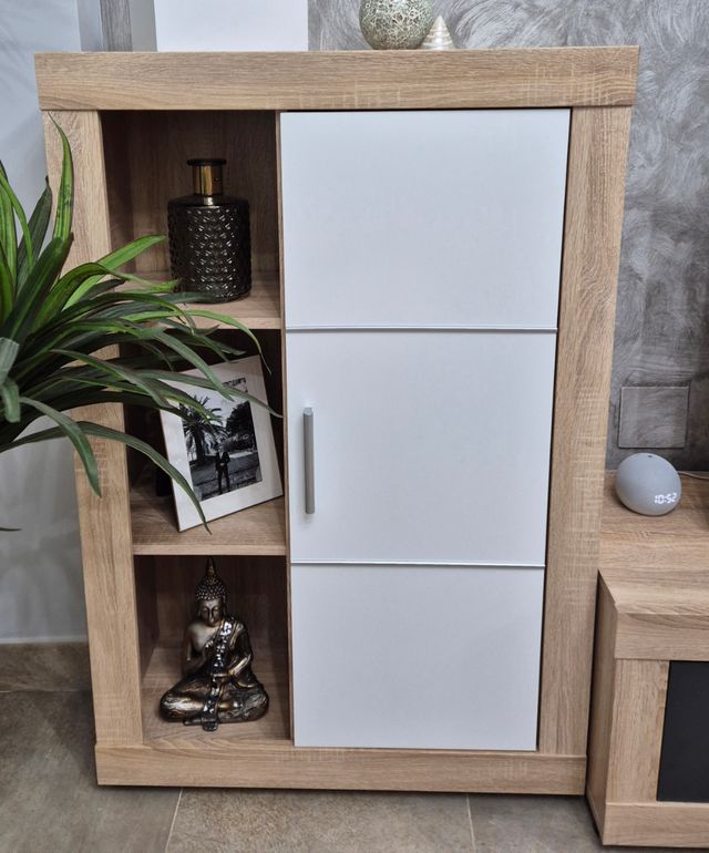 Conjunto mueble salón - madera, gris y marrón