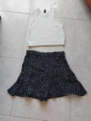 Conjunto top blanco y falda negra lunares