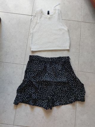 Conjunto top blanco y falda negra lunares