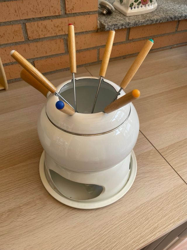 Fondue blanca - Cerámica, metal, madera