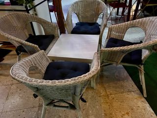 Conjunto jardín mimbre blanco - 4 sillas + mesa