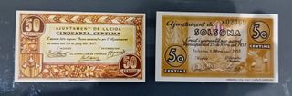 2 Billetes 50 céntimos SOLSONA SC Y LLEIDA SC REPU
