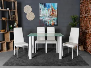 Mesa cristal y metal blanca + 4 sillas