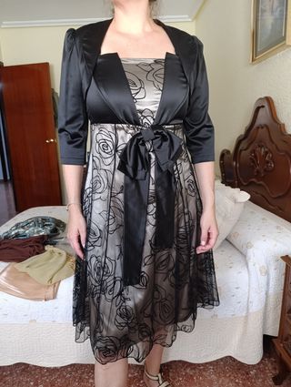 Vestido Fiesta Beige y Negro - Talla M