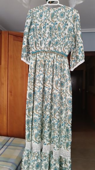 Vestido largo estampado - Blanco y Verde Agua
