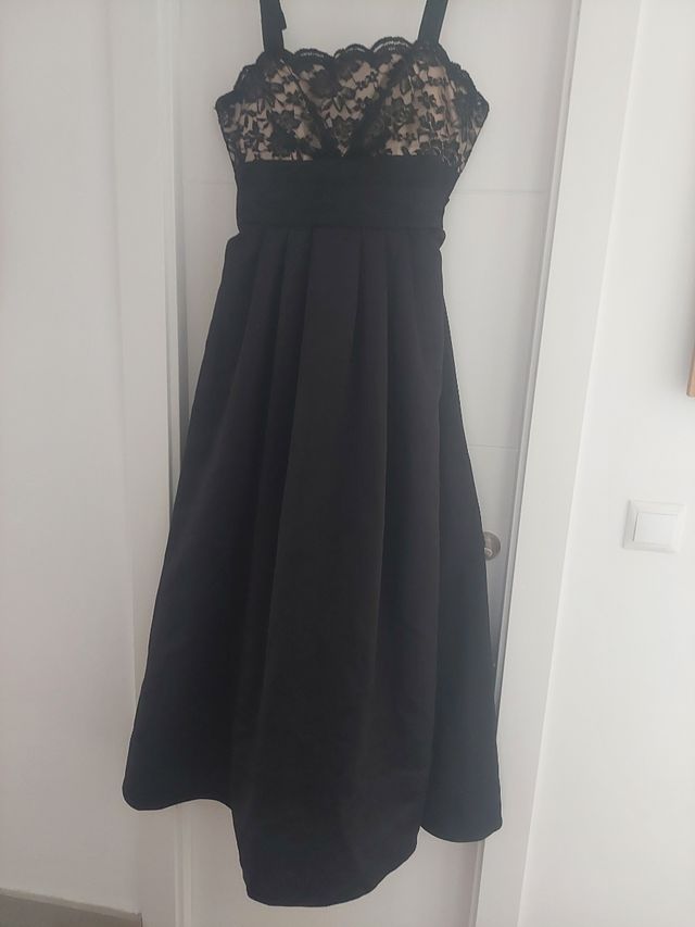 Vestido fiesta negro encaje beige