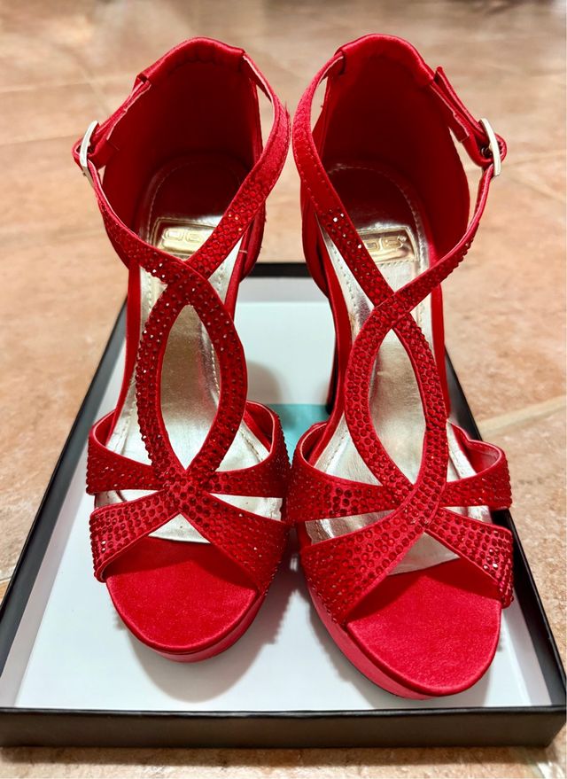 Sandali rossi raso strass tacco alto