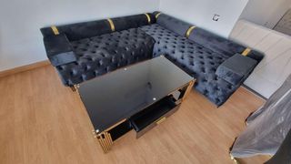 Sofá rinconera terciopelo negro-dorado