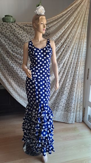 Falda y top flamenco azul de lunares blancos
